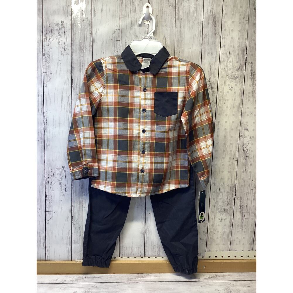 LR Baby 2-Piece Plaid Brown long Shirt & Black Pant Set size 6